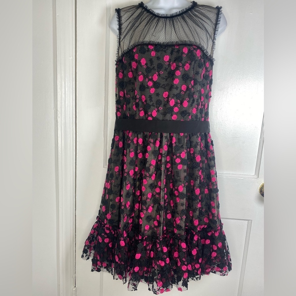 Zac Posen NWT Designer Fushia Black and Pink Floral Toil Lined Luxury Mini Dress